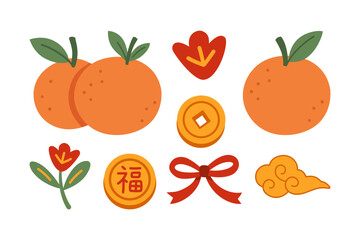 Mandarin orange, Lucky coin, Chinese knot bow, Plum blossom, Auspicious cloud colorful vector icon set for merchandise. Chinese new year and lunar festival decors flat cartoon illustration collection