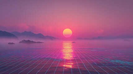 A retro-futuristic sunset over a grid-patterned ocean with distant mountains, bathed in vibrant pink and purple hues.