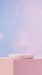 Minimal pastel 3D background with a clean round podium on a soft geometric base and gradient sky. Ideal for cosmetic advertising, skincare branding, product mockups, and modern marketing designs.