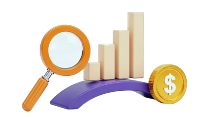Financial Growth Concept: Magnifying Glass, Bar Chart, Coin