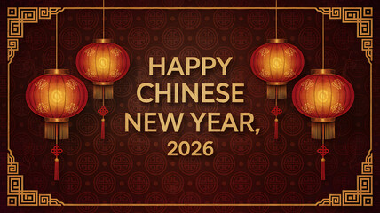 Festive Chinese New Year 2026 greeting with glowing traditional red lanterns