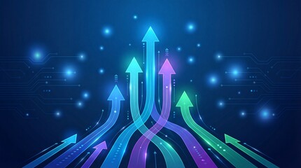 Colorful arrows rising on tech background