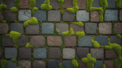 Overgrown cobblestone pathway featuring rounded slate pavers interspersed with vibrant green moss and tiny yellow wildflowers creating a textured natural ground surface backdrop.