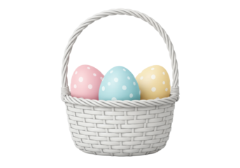 A classic white wicker basket holding three pastel polka-dotted Easter eggs on a transparent background with copy space, flat vector art, cheerful Easter holiday concept