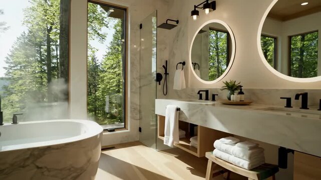 Modern Bathroom with Forest View - A luxurious, modern bathroom is bathed in natural light with a large window offering a scenic view of a dense forest.