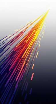 Bright multicolored light streaks accelerate upward toward a luminous point against a gradient background