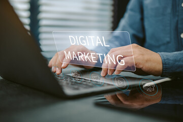Person typing on laptop with digital marketing concept overlay