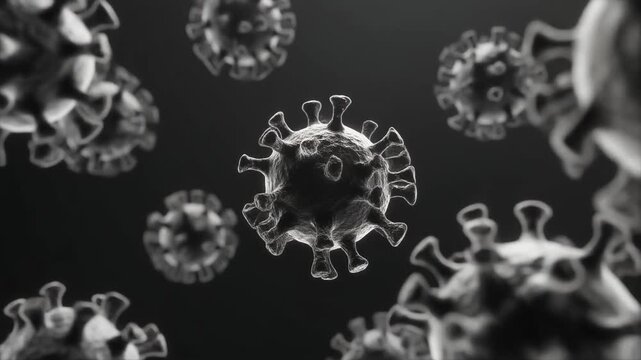 Black and white 3D render of clustered E.coli bacteria cells gently rotating in a clean laboratorium 