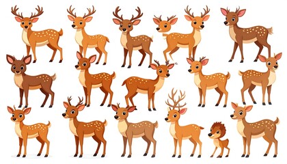 A collection of various cartoon deer with antlers, spots, and different poses