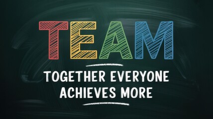 Colorful chalk lettering spells team with motivational text on a blackboard