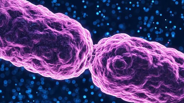 Dividing Bacterial Cell - A close-up view shows a purple bacterial cell undergoing cellular division or binary fission. A dark blue background with bokeh lights accents the main subject.