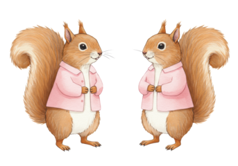 Two charming anthropomorphic squirrels with soft watercolor fur, in pastel pink jackets, on a transparent background with generous copy space, innocent children's book concept