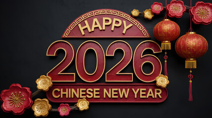 Elegant Happy 2026 Chinese New Year text with traditional lanterns plum blossoms