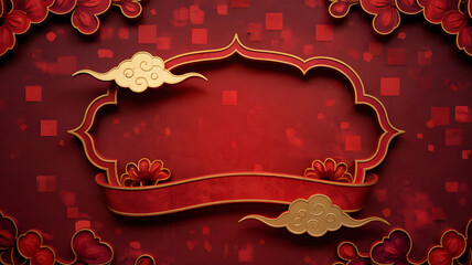 Elegant red and gold Chinese new year frame with ornate clouds and flowers