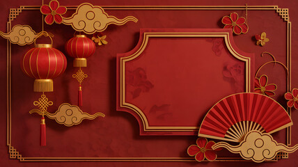 Elegant festive Chinese New Year backdrop with lanterns fan clouds and golden fr