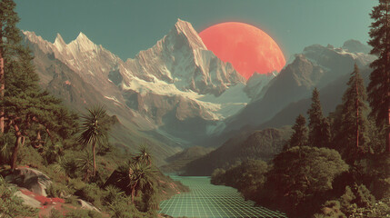 A surreal retro-futuristic landscape with towering mountains, a vibrant red sun, and a grid-patterned river flowing through a lush valley.