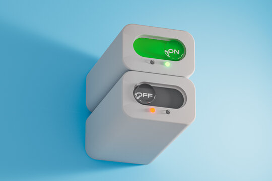 On and off button switch with light indicators on blue background