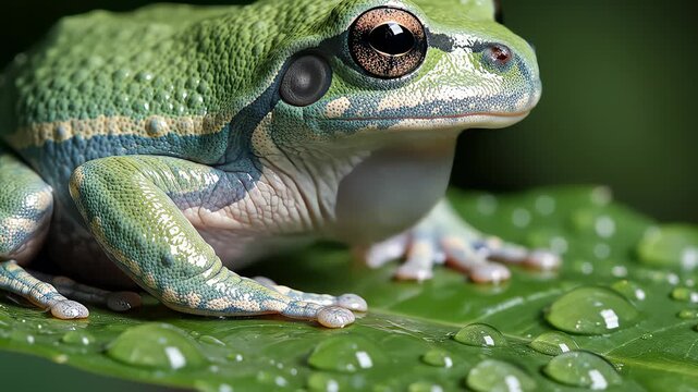 Green Tree Frog Inflates Vocal Sac on Wet Leaf in Close Up View