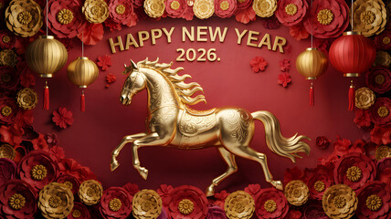 Golden horse statue with Happy New Year 2026 text festive red and gold backgroun