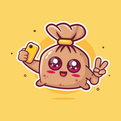 smiling trash bag character mascot taking a selfie with a smartphone isolated cartoon 