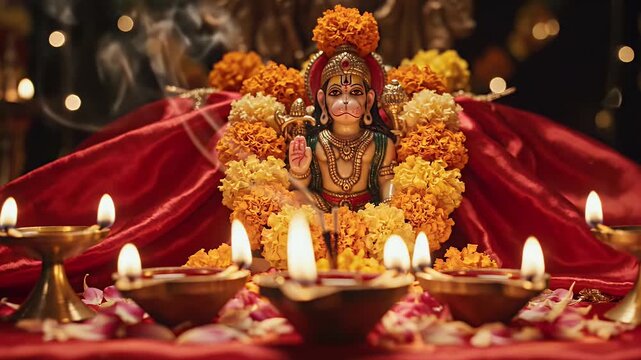 Hanuman Jayanti background with red cloth altar and oil lamps for Hindu worship design
