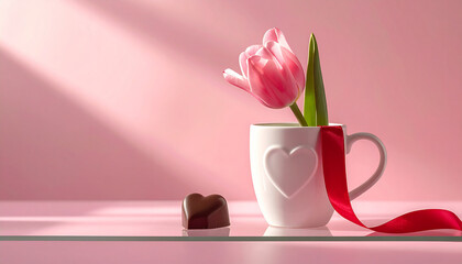 Valentines Day Pink Tulip in White Mug With Heart Design, Ribbon, and Chocolate Heart on Glass Shelf.