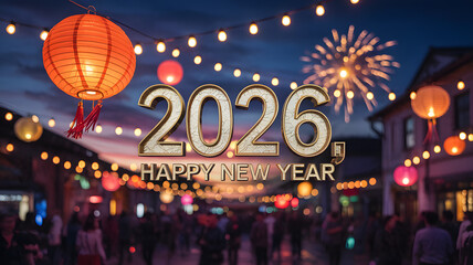 Bright 2026 Happy New Year celebration with traditional lanterns fireworks and p