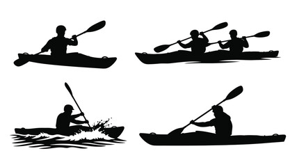 Silhouettes of kayakers paddling in single and tandem boats on the water