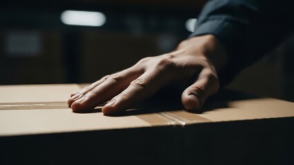 Close-up of worker's hand touching a sealed cardboard box in dark warehouse lighting.