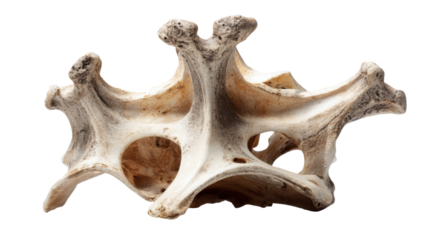Mammal vertebra structure showing anatomical details of the spine, osteology study or fossil remains, transparent background