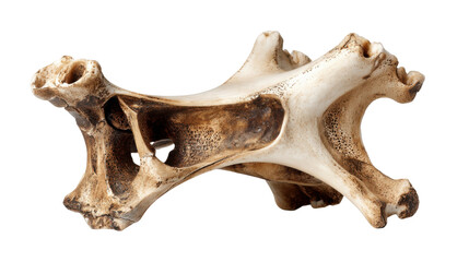 Animal vertebra from an ancient fossilized skeleton, illustrating anatomy and osteology, on transparent background
