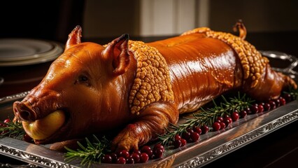 Whole Roasted Suckling Pig on a Silver Platter, Garnished with Cranberries and Rosemary, Festive Dish