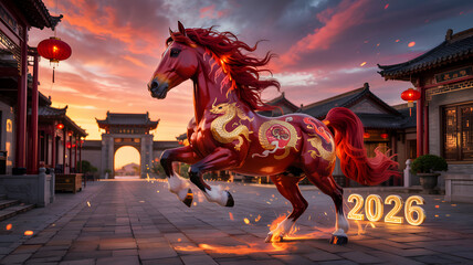 Vibrant red dragon horse rears in traditional Chinese new year setting at sunset