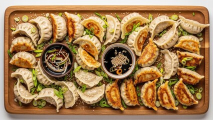 Assortment of Steamed and Pan-Fried Chinese Dumplings and Potstickers with Dipping Sauces on a Wooden Board
