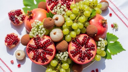 Vibrant Arrangement of Fresh Pomegranates, Green Grapes, and Lychees on a White Tablecloth