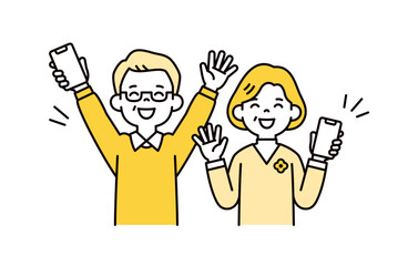 スマートフォンを持って笑顔で喜ぶ、お年寄り夫婦のシンプルな上半身ベクターイラスト素材セット