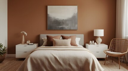 Modern cozy bedroom interior with neutral beige tones, elegant bedding, soft lighting, and minimal decor creating calm comfort and stylish home atmosphere
