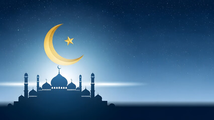 Modern illustrated ramadan skyline featuring mosque silhouettes and crescent moon. Clean and minimal style suitable for digital banners, presentations, and social media.