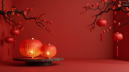 Traditional glowing red lanterns and plum blossom branches on a vibrant red back