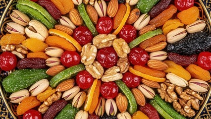 Decorative Tray of Assorted Dried Fruits and Nuts, a Healthy and Festive Snack Arrangement