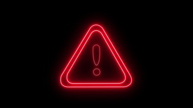 A bright red neon animated warning sign with an exclamation mark glows on a black background, signaling caution and danger, with abstract motion and a looping effect.