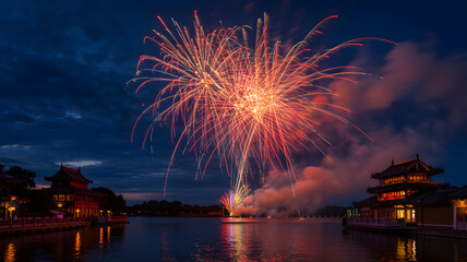 Spectacular fireworks explode over a tranquil lake with traditional buildings at