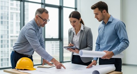 Three business professionals discussing blueprints in an office setting.