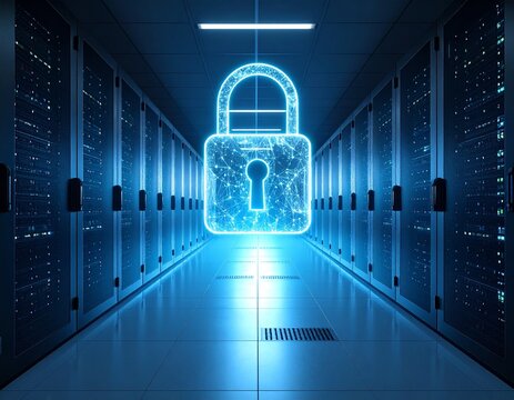 Glowing digital lock hologram projected above enterprise server rack in dim data center, blue and cyan lighting, cybersecurity concept for corporate branding. - Powered by Adobe