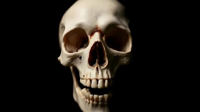 Human Skull on Black Background with Dramatic Lighting.