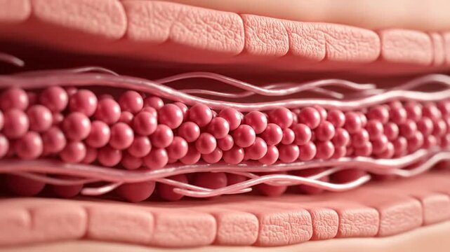 Close-up view of blood cells flowing through a capillary