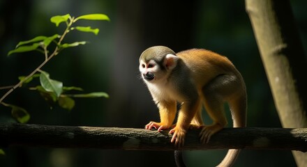 Obraz premium Small squirrel monkey perched carefully on a sunlit jungle tree branch