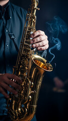 Vertical portrait of a saxophone player performing in a moody jazz club