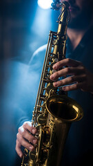 Vertical portrait of a saxophone player performing in a moody jazz club