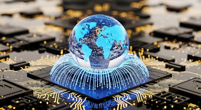 Digital glowing globe resting upon a microchip illustrates global connectivity technology
